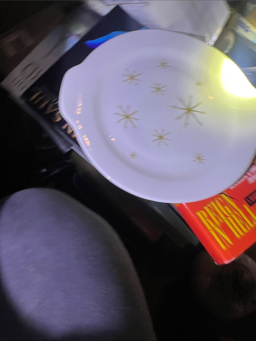Vintage White Ceramic Dinner Plate with Gold Starburst Accent